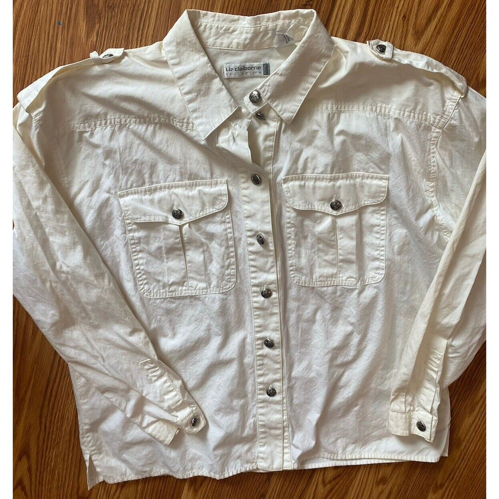 Liz Claiborne Blouse Sz- P12 White Long Sleeves Button Down 100% Cotton